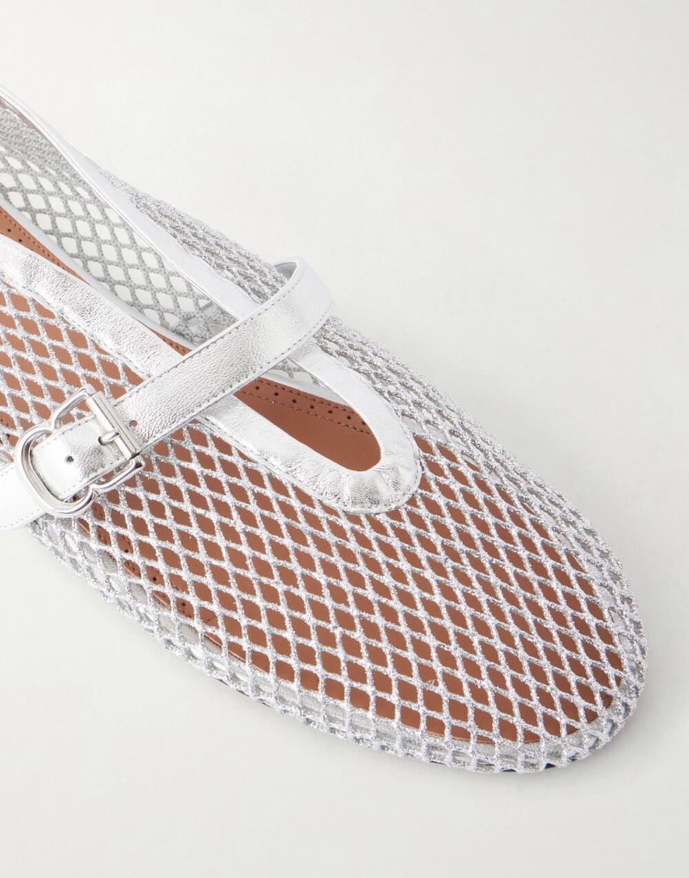 Alaia Metallic Fishnet Mary Jane Flats Silver Argent Size 37 Brand New in Box